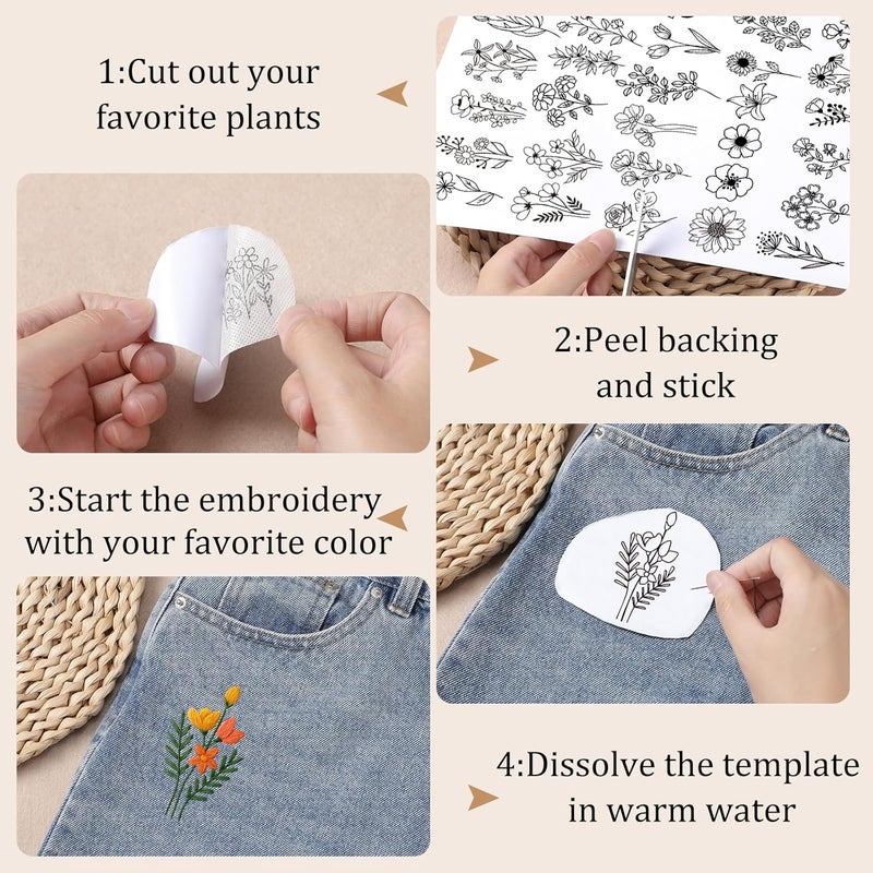 VISSTREE Water Soluble Embroidery Stabilizers for Hat - 3 Sheets 42 Pcs Stick and Stitch Self Adhesive Wash Away with Pre-Printed Flower Pattern for Cap Cloth Embroidery Hand Sewing Lover Beginners DIY Gifts - Image 3